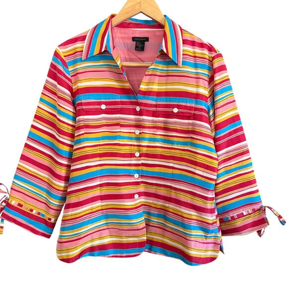 Anne Carson Tops - ANNE CARSON | Red Yellow and Blue striped Silk Button down Shirt | Large